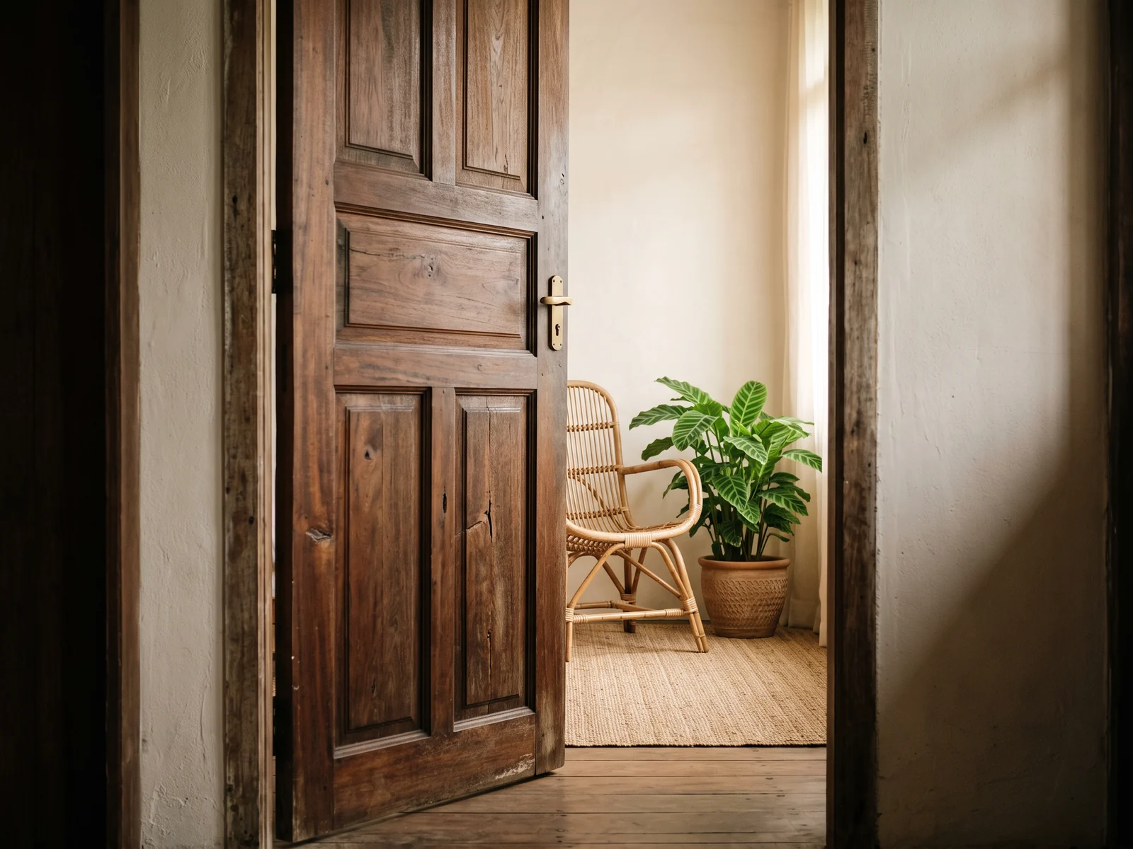 A wooden door slightly open onto a calm, softly lit room