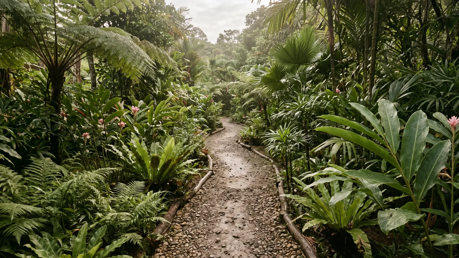 A quiet garden path with tropical plants in morning light