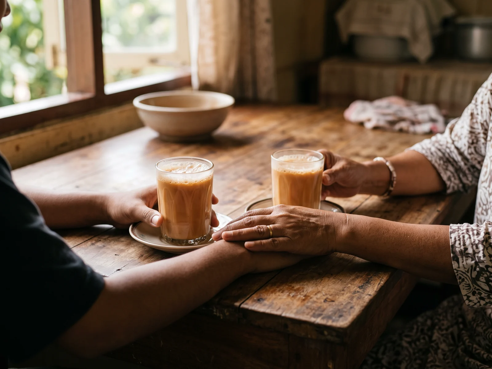 Two pairs of hands around glasses of tea on a wooden table, one hand resting gently on the other