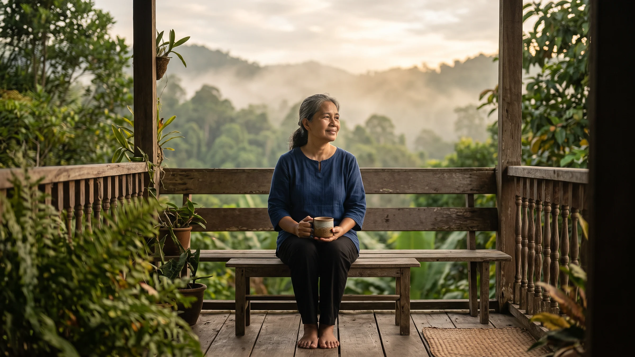 A woman sitting on a wooden veranda in the early morning, holding a mug and looking out at green hills