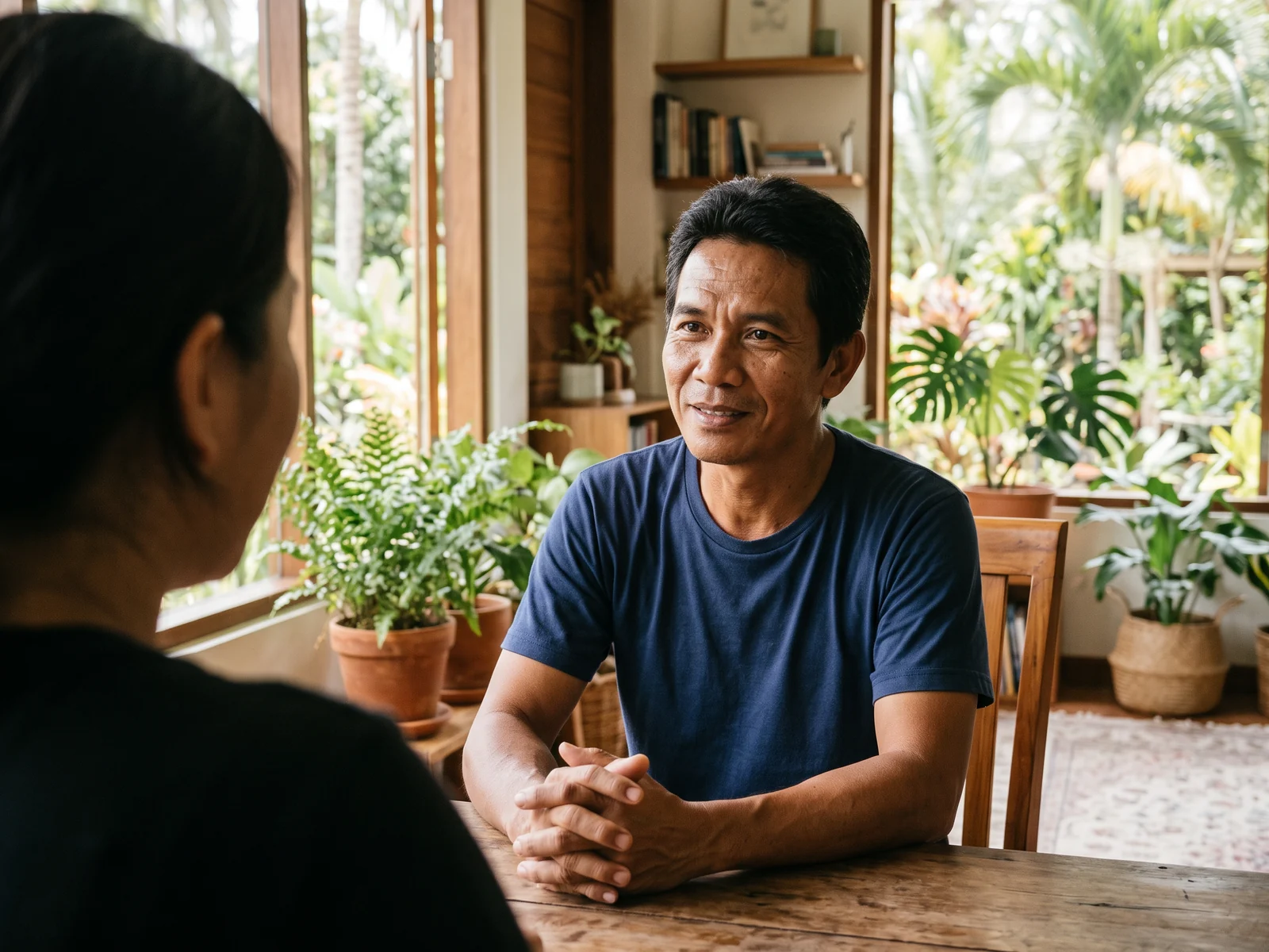 A man in a plain shirt listening kindly in a bright room with plants, with another person seen from behind