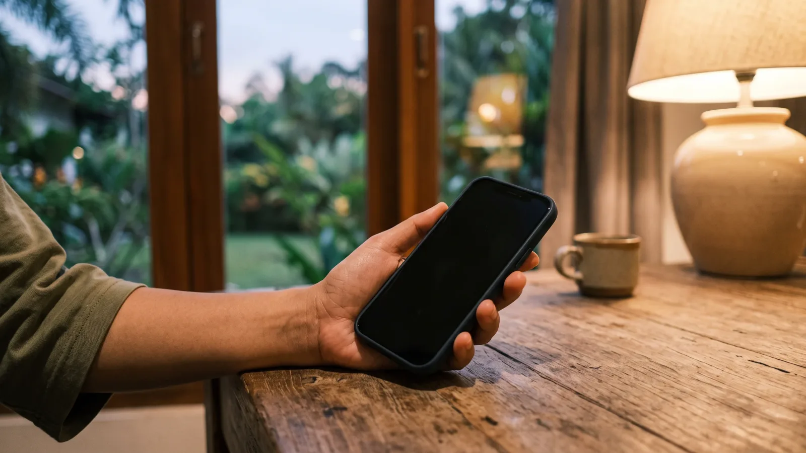 A hand holding a phone on a table by a window at dusk