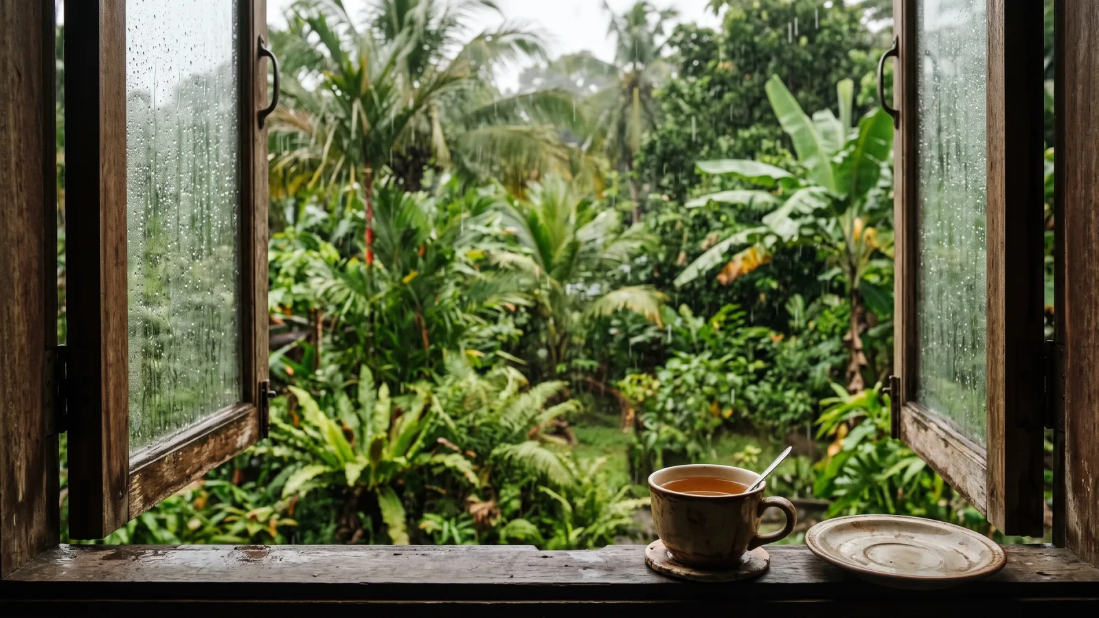 A cup of tea on a windowsill beside a rain-washed window