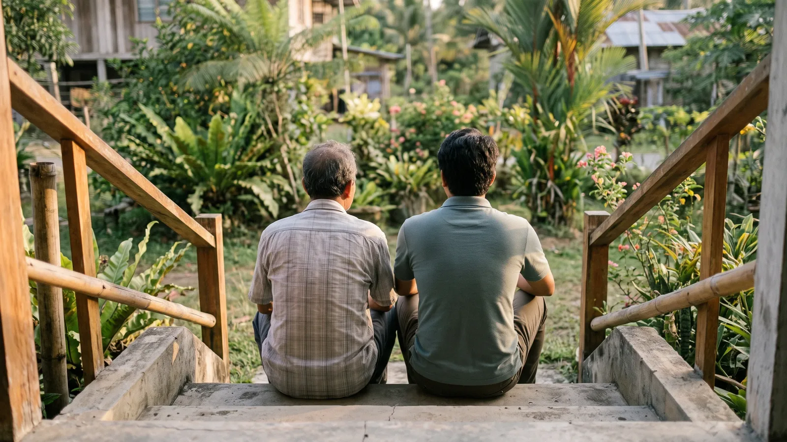 A father and his adult son sitting side by side on house steps in the evening light, seen from behind