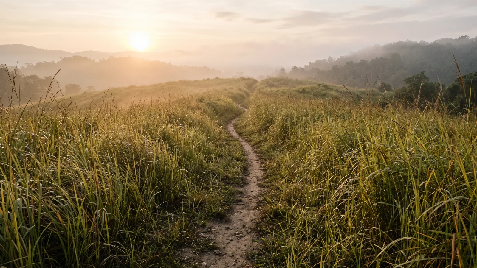 A footpath winding through tall grass at sunrise