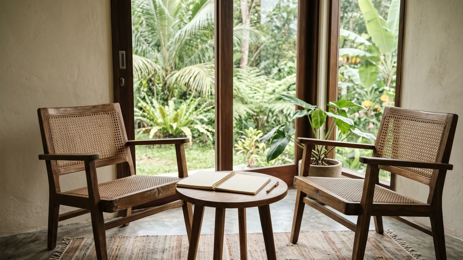 Two chairs by a bright window, ready for a quiet conversation